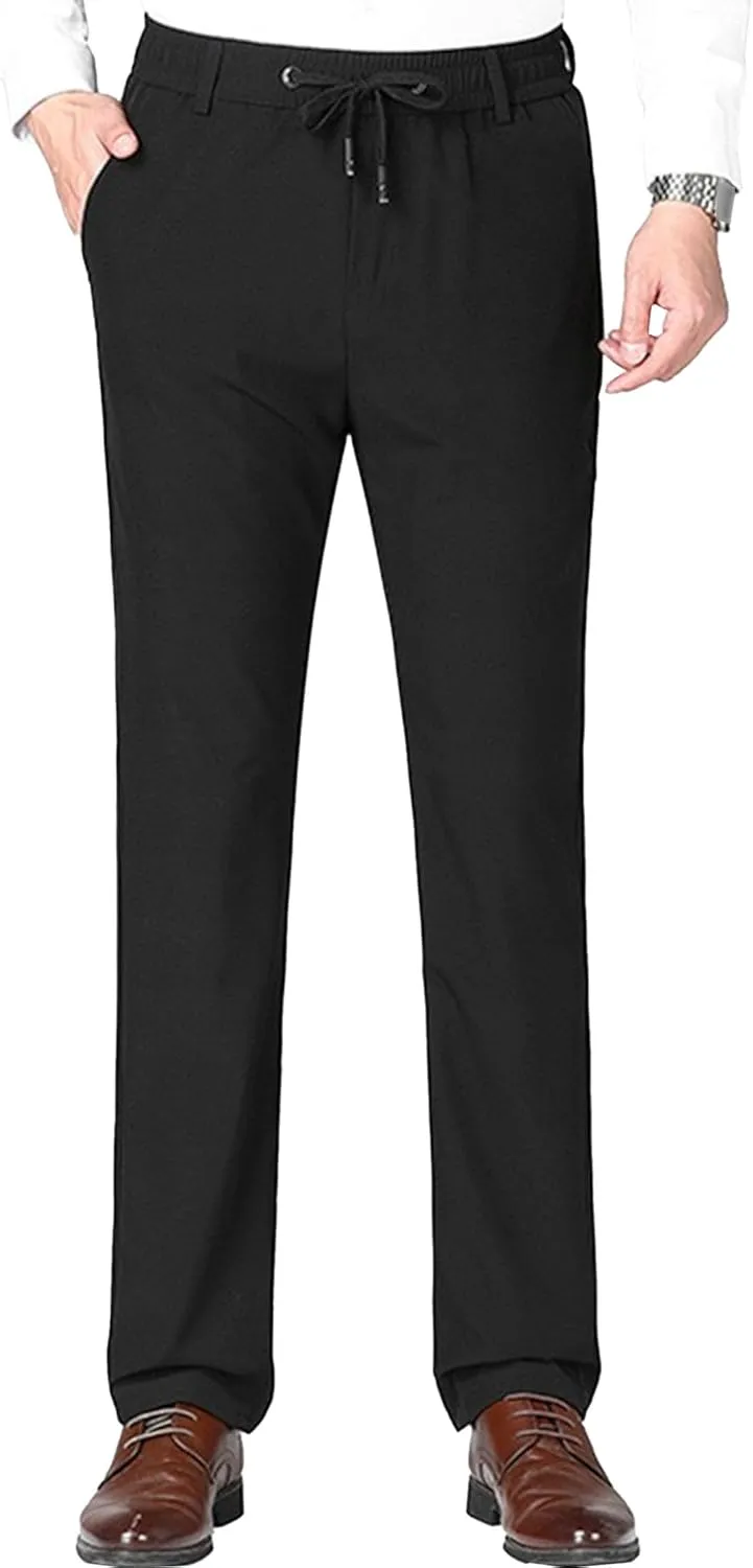 Men's Structured Stretch Business Pant Elastic Waist Trousers with Pockets Hiking Casual Cargo Slack (Black,3X-Large)