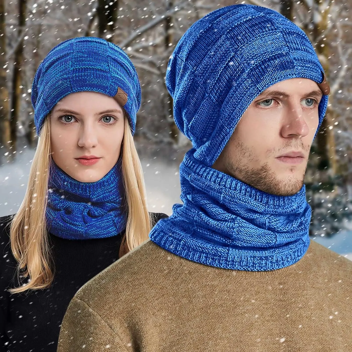Mens Winter Beanie Hats Scarf Set Knit Hat Fleece Thick Lined Neck Warmer Winter Hat & Scarf