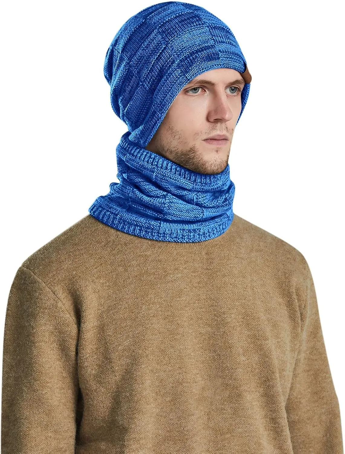 Mens Winter Beanie Hats Scarf Set Knit Hat Fleece Thick Lined Neck Warmer Winter Hat & Scarf