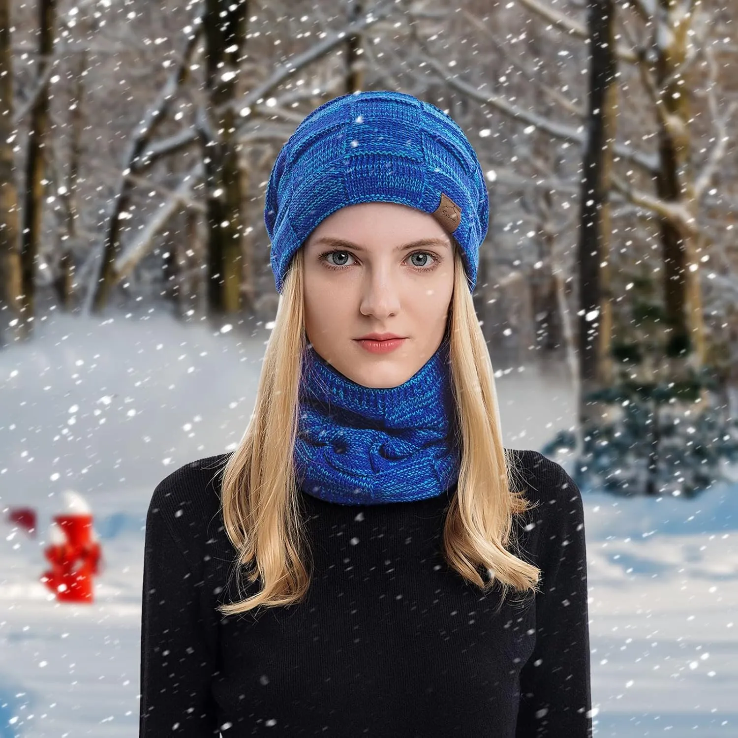 Mens Winter Beanie Hats Scarf Set Knit Hat Fleece Thick Lined Neck Warmer Winter Hat & Scarf