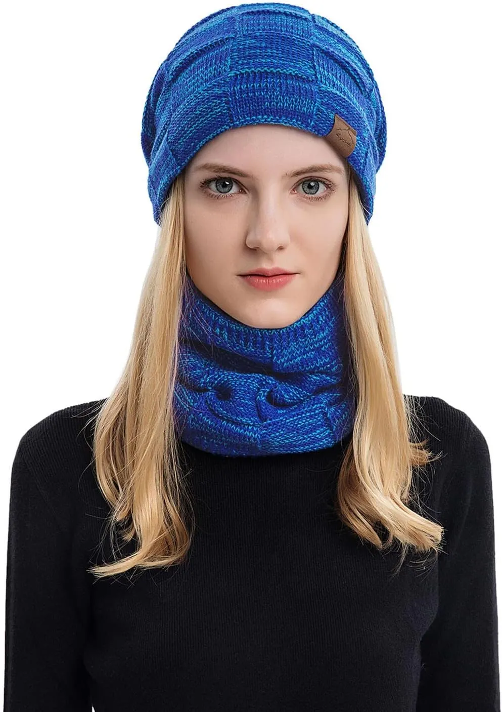Mens Winter Beanie Hats Scarf Set Knit Hat Fleece Thick Lined Neck Warmer Winter Hat & Scarf