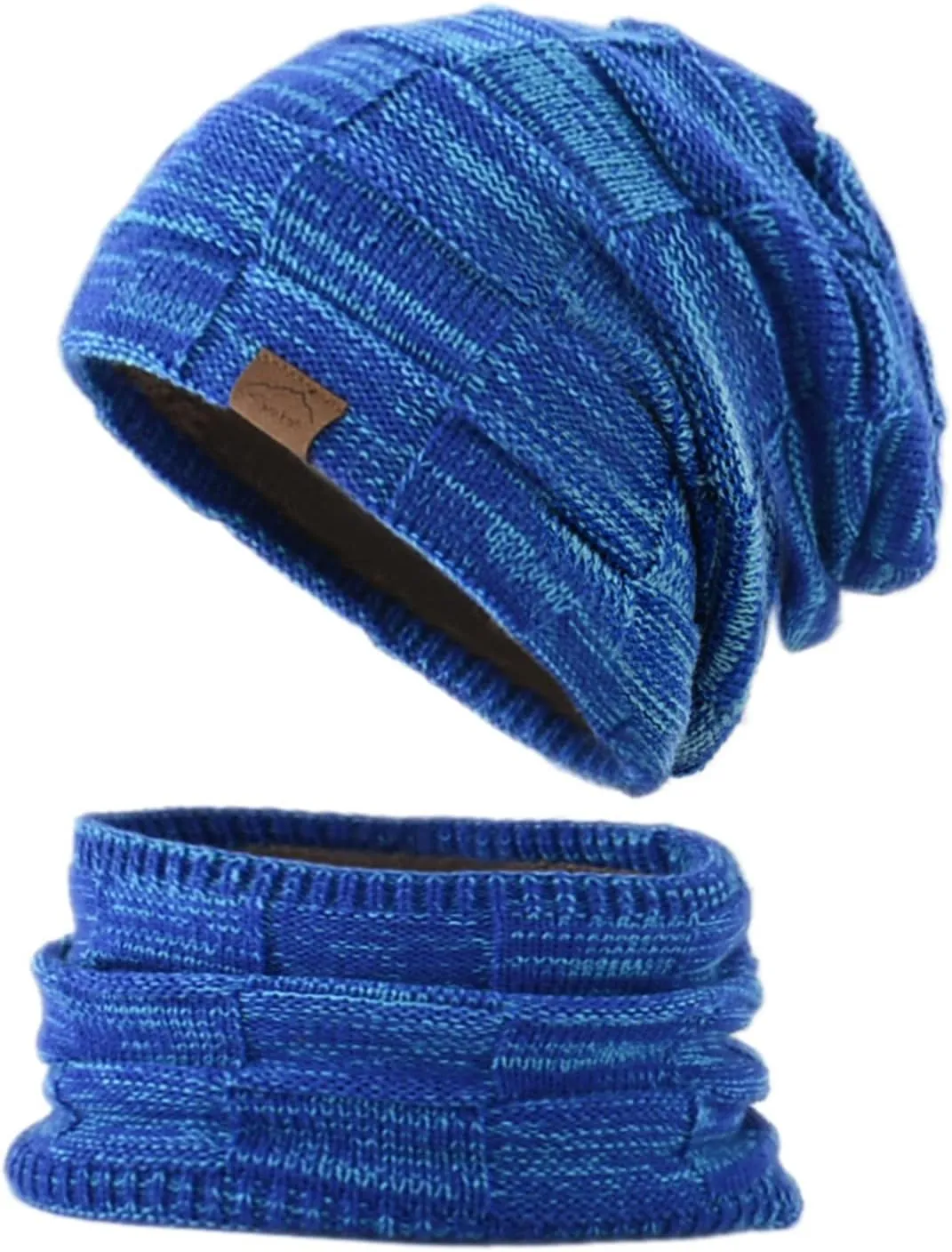 Mens Winter Beanie Hats Scarf Set Knit Hat Fleece Thick Lined Neck Warmer Winter Hat & Scarf