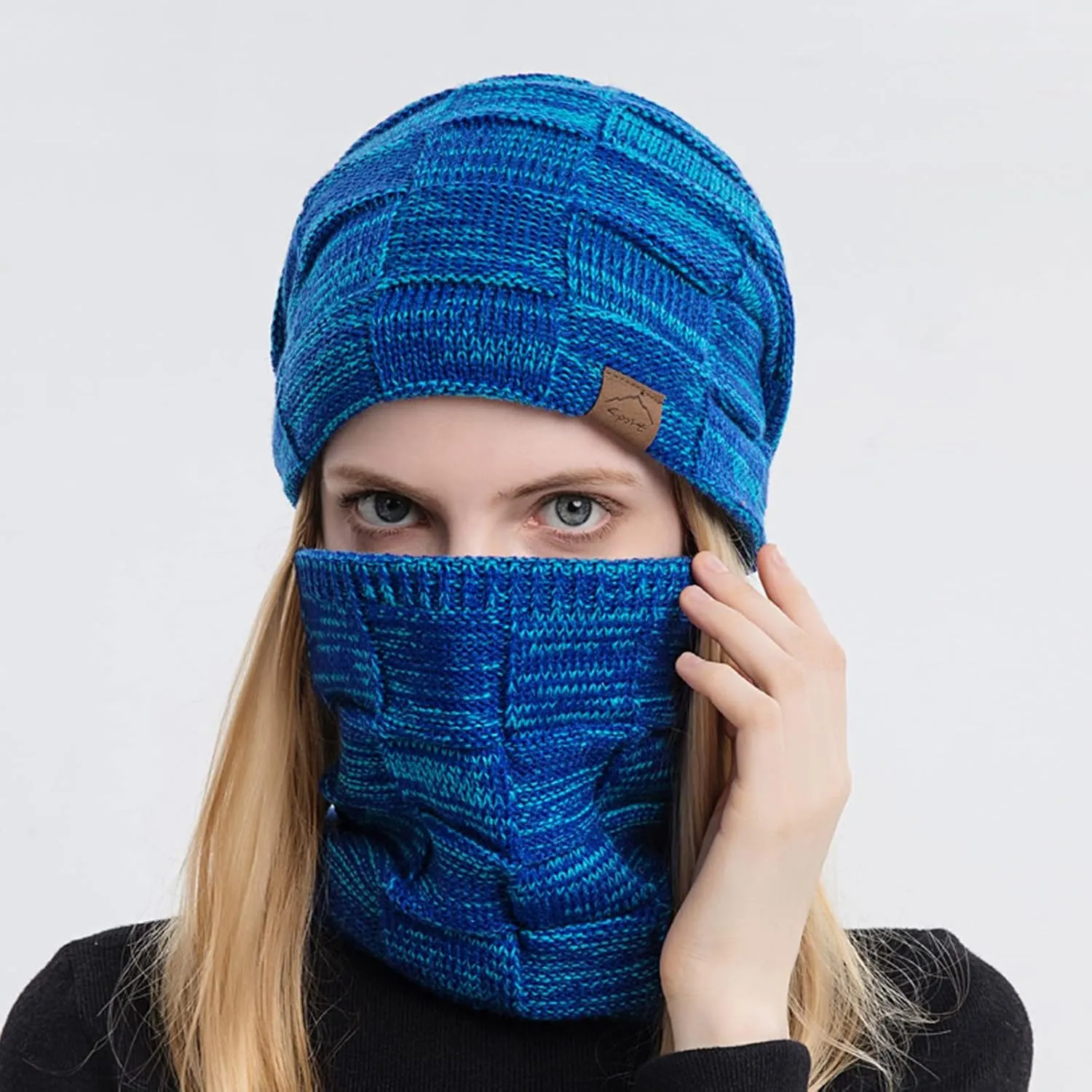 Mens Winter Beanie Hats Scarf Set Knit Hat Fleece Thick Lined Neck Warmer Winter Hat & Scarf