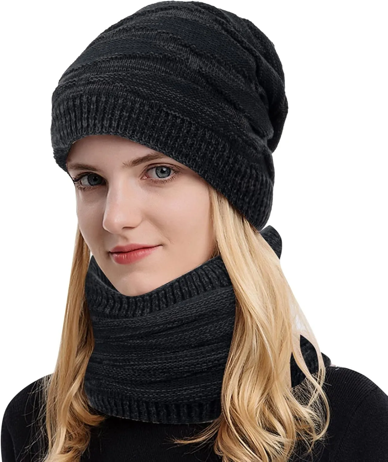 Mens Winter eanie Hats Scarf Set Warm Knit Hat Winter Cap Neck Warmer Winter Hat & Scarf