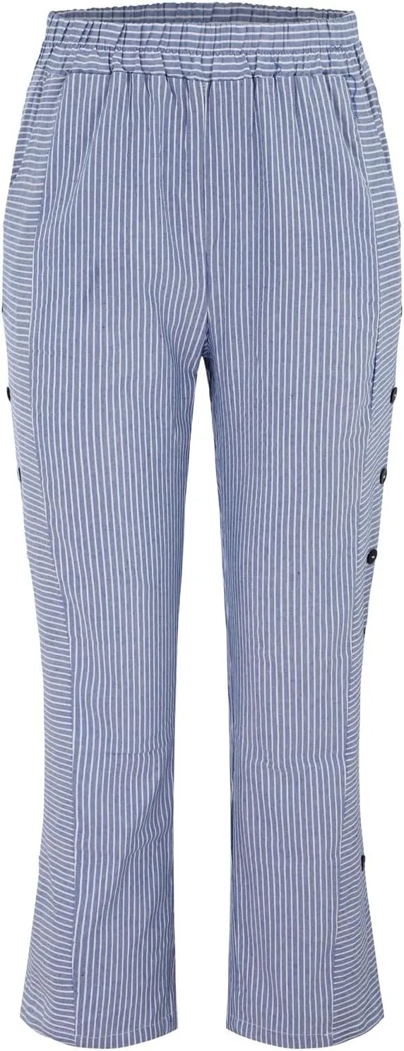 Plus Size Capris for Women Striped Floral Printed Cotton Linen Pants Lightweight Casual Trousers with Pockets