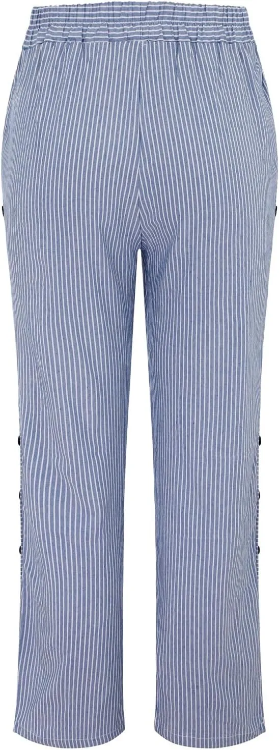 Plus Size Capris for Women Striped Floral Printed Cotton Linen Pants Lightweight Casual Trousers with Pockets