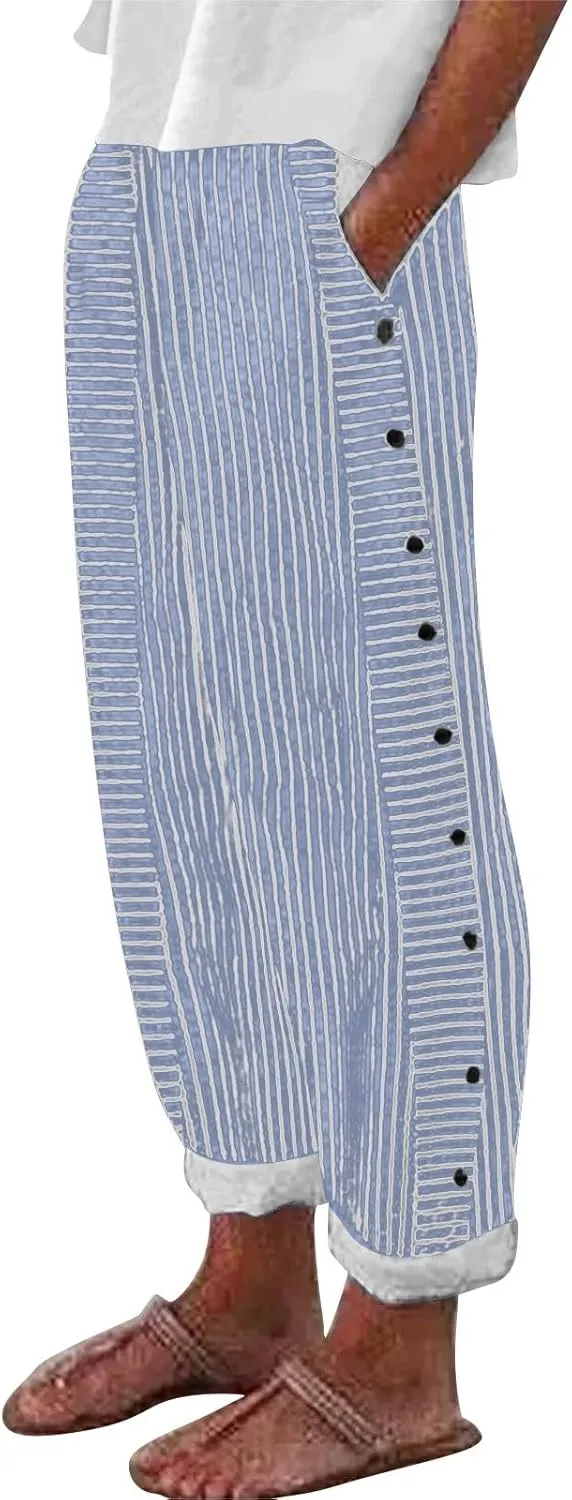 Plus Size Capris for Women Striped Floral Printed Cotton Linen Pants Lightweight Casual Trousers with Pockets