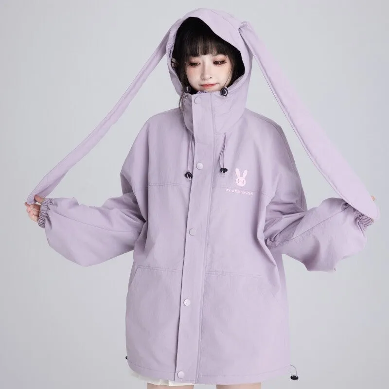 Sweet Style Pink Bunny Ears Windproof Jacket