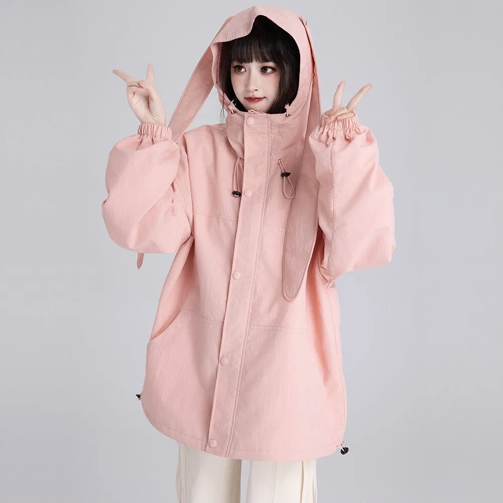 Sweet Style Pink Bunny Ears Windproof Jacket