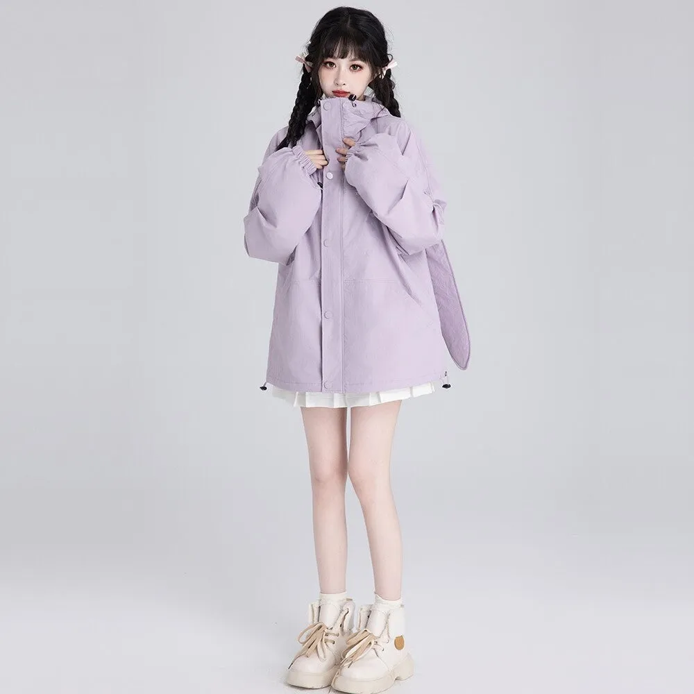Sweet Style Pink Bunny Ears Windproof Jacket