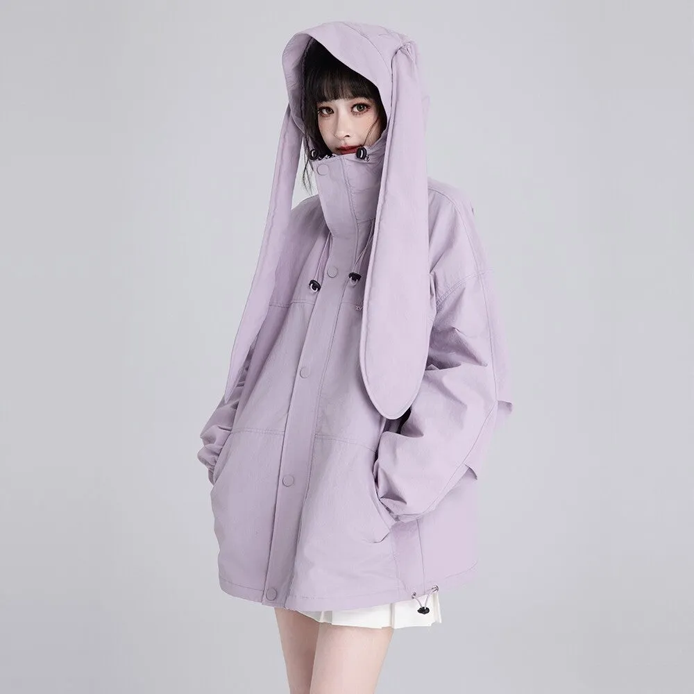 Sweet Style Pink Bunny Ears Windproof Jacket