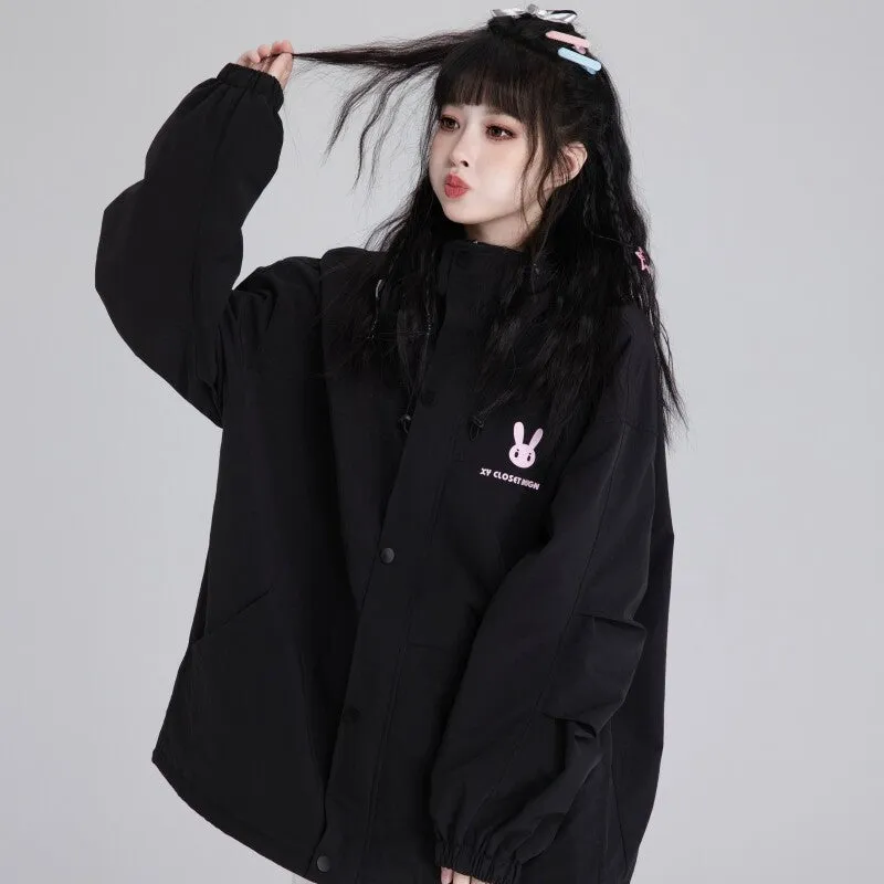 Sweet Style Pink Bunny Ears Windproof Jacket