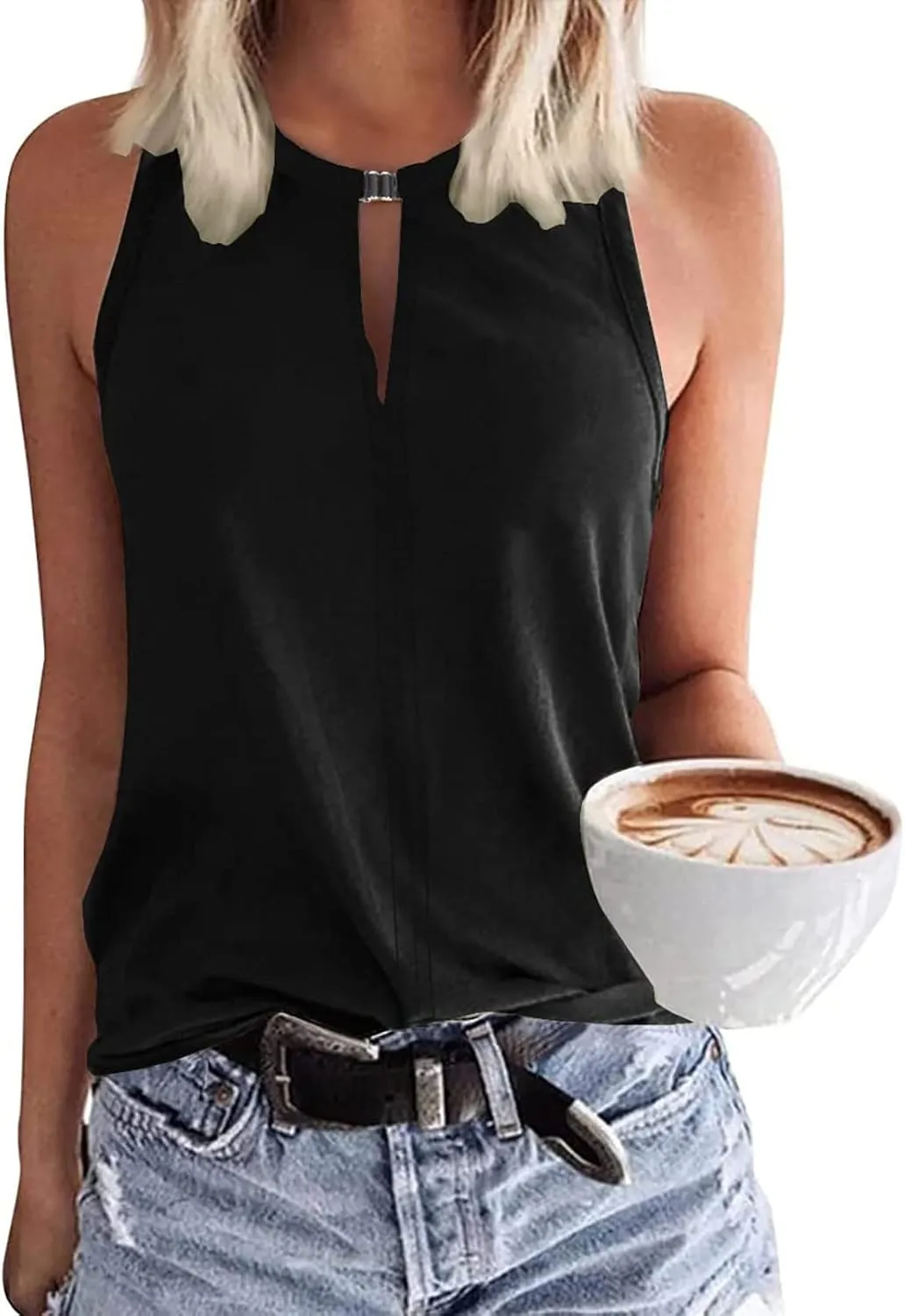 Tank Top for Women Keyhole V Neck Sleeveless Tank Tops Casual Loose Fit Summer Tee Shirts Business Work Shirt Blouses