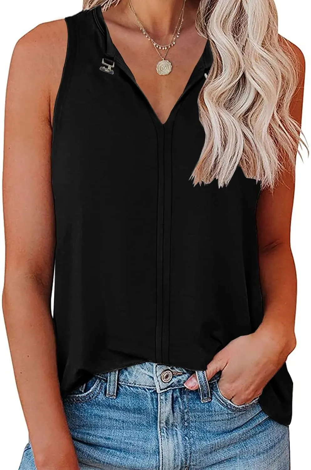 Tank Top for Women Keyhole V Neck Sleeveless Tank Tops Casual Loose Fit Summer Tee Shirts Business Work Shirt Blouses