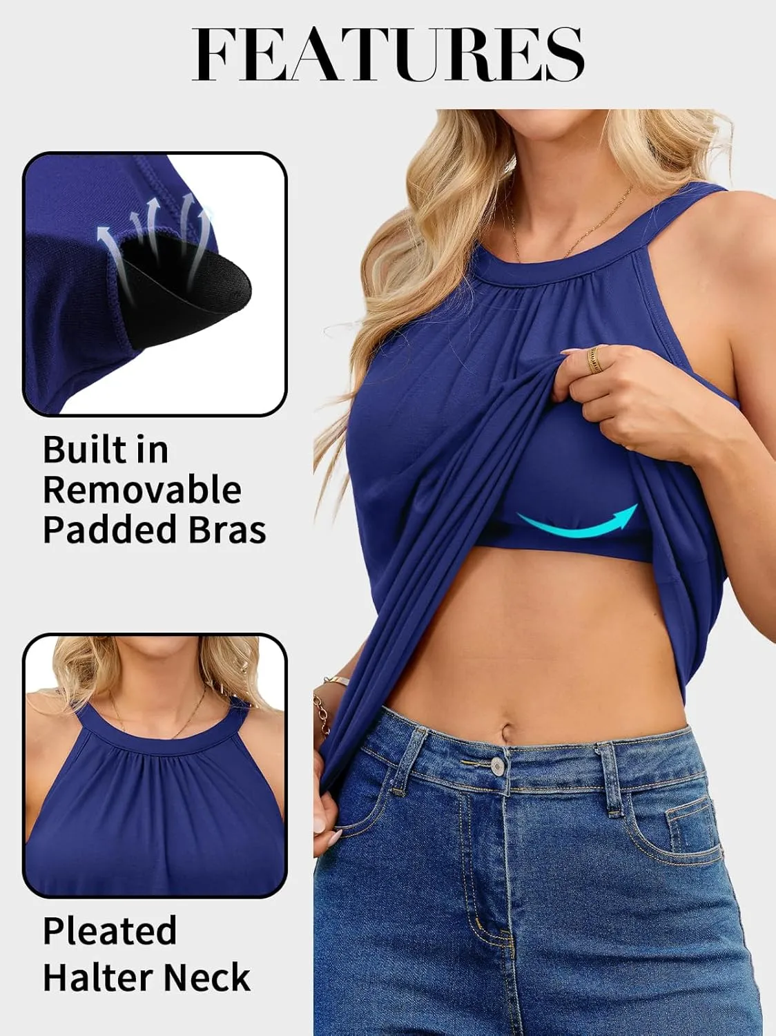V FOR CITY Women's Halter Tank Top with Built in Bra Flowy Pleated Camisole Top Summer Sleevless Cami Shirt