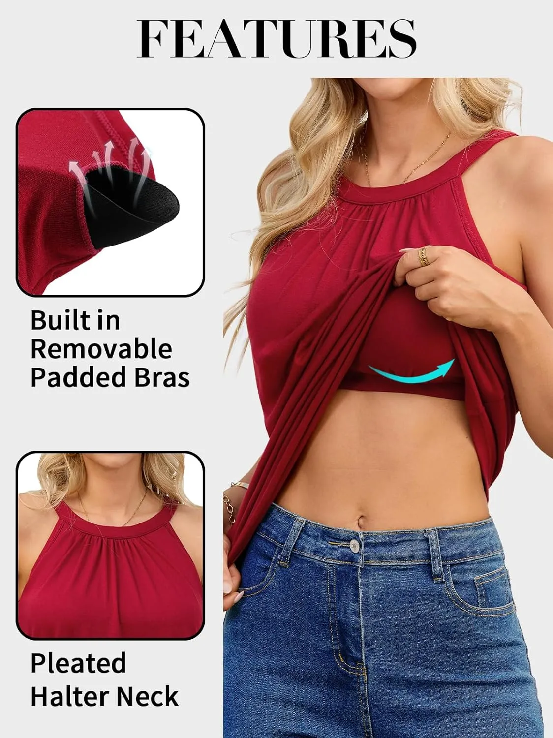 V FOR CITY Women's Halter Tank Top with Built in Bra Flowy Pleated Camisole Top Summer Sleevless Cami Shirt