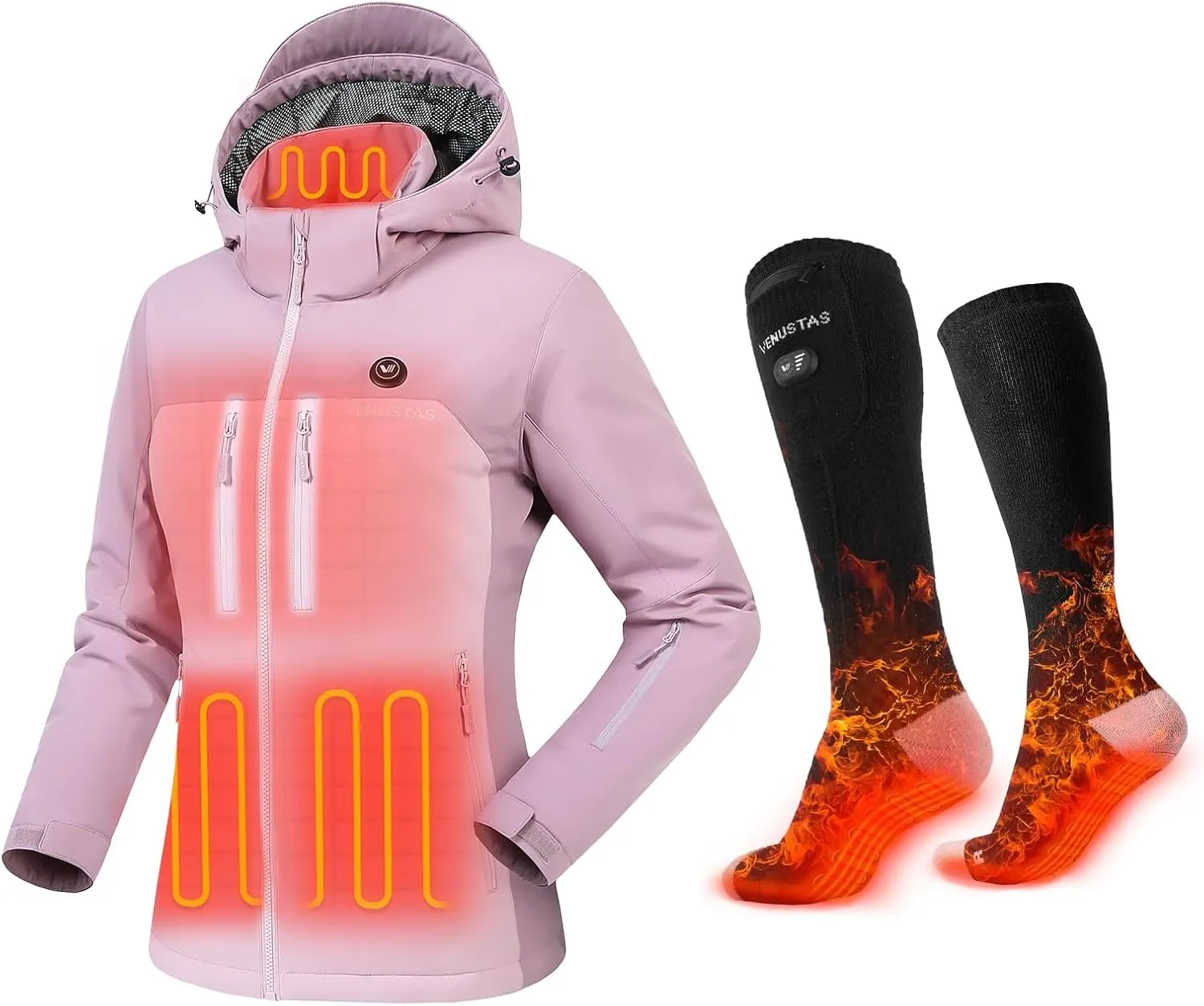 Venustas Men's Heated Utility Jacket (DarkAlpineRose, S) & Extra 9-hour Heated Socks (Black, M)