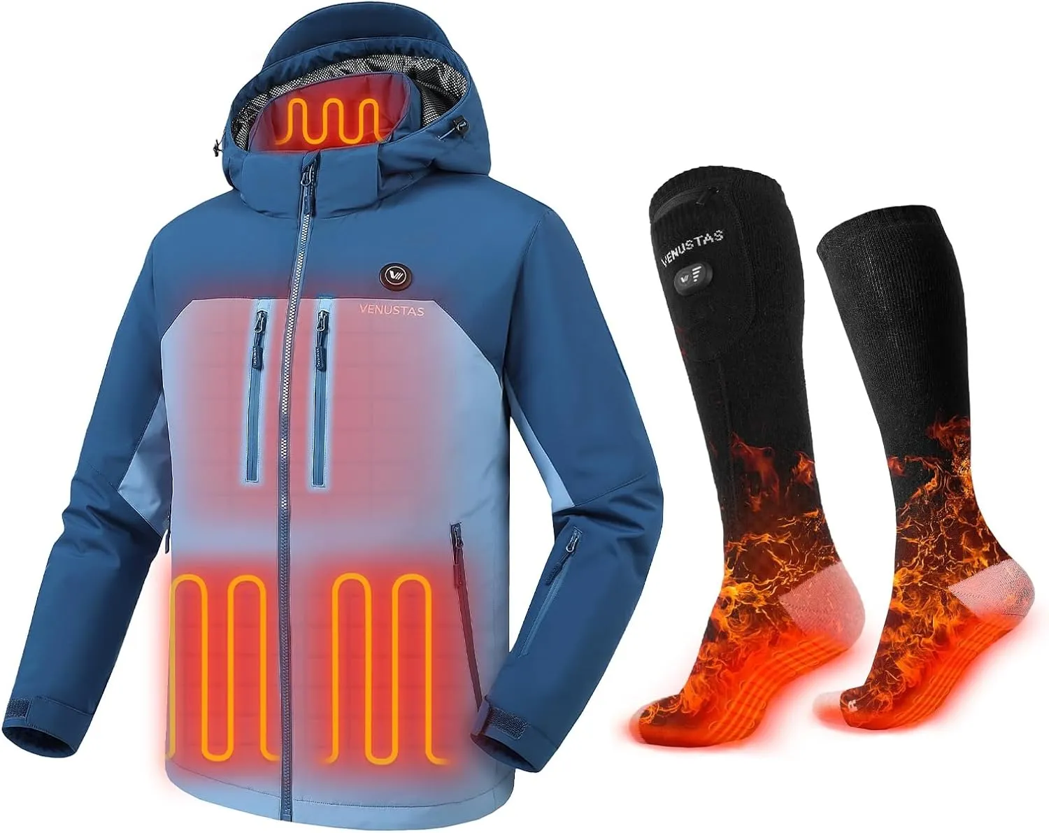 Venustas Men's Heated Utility Jacket (DarkStoneWash, 2XL) & Extra 9-hour Heated Socks (Black, M)