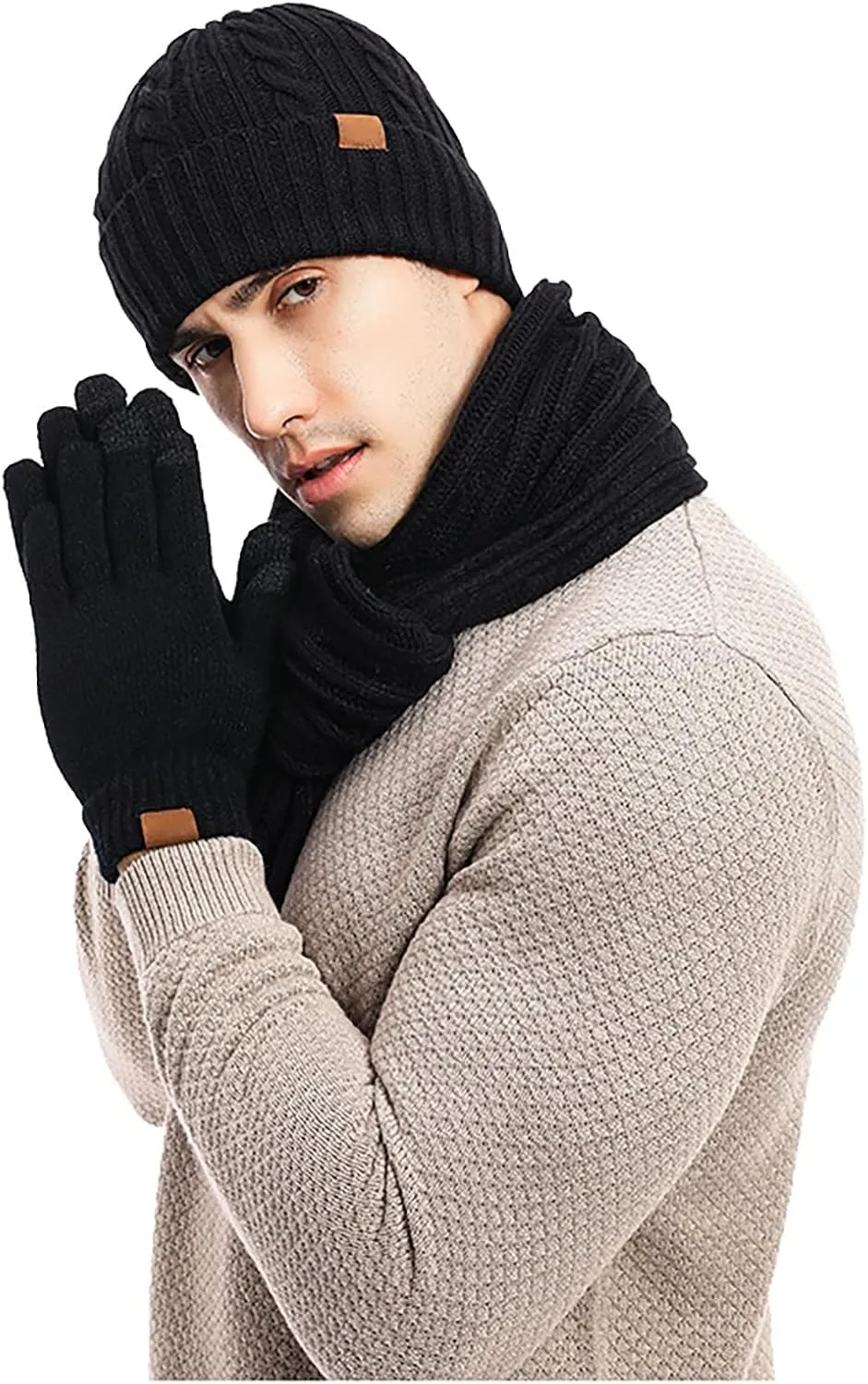 Winter Warm Beanie Hat Scarf and Touchscreen Gloves Set Caps Neck Scarves with Fleece Lined Winter Clothes