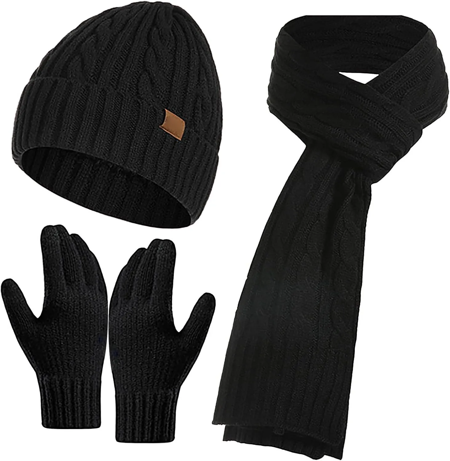 Winter Warm Beanie Hat Scarf and Touchscreen Gloves Set Caps Neck Scarves with Fleece Lined Winter Clothes