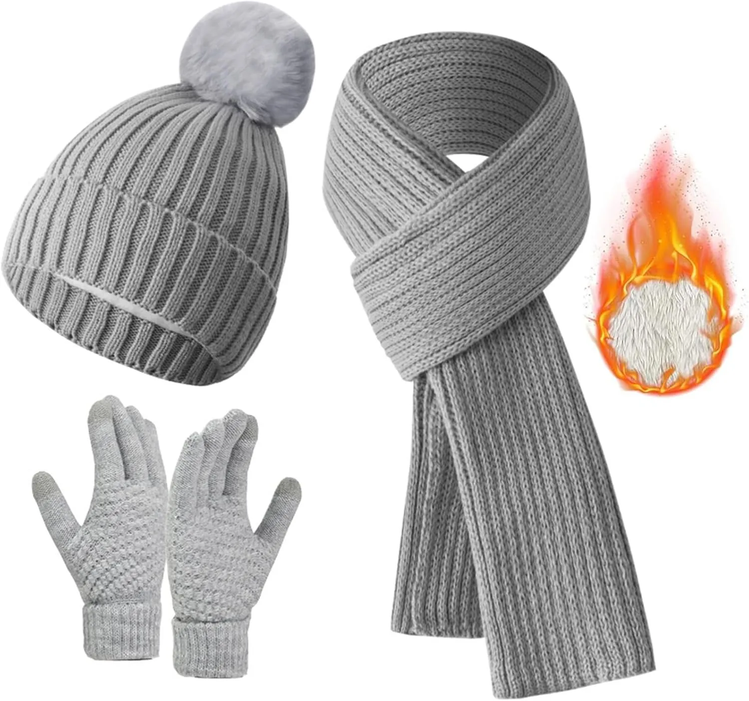 Winter Warm Gear Ski Outfits Knit Beanie Hat Touchscreen Gloves Long Neck Scarf Set Fleece Lined Hat Scarf Glove Sets