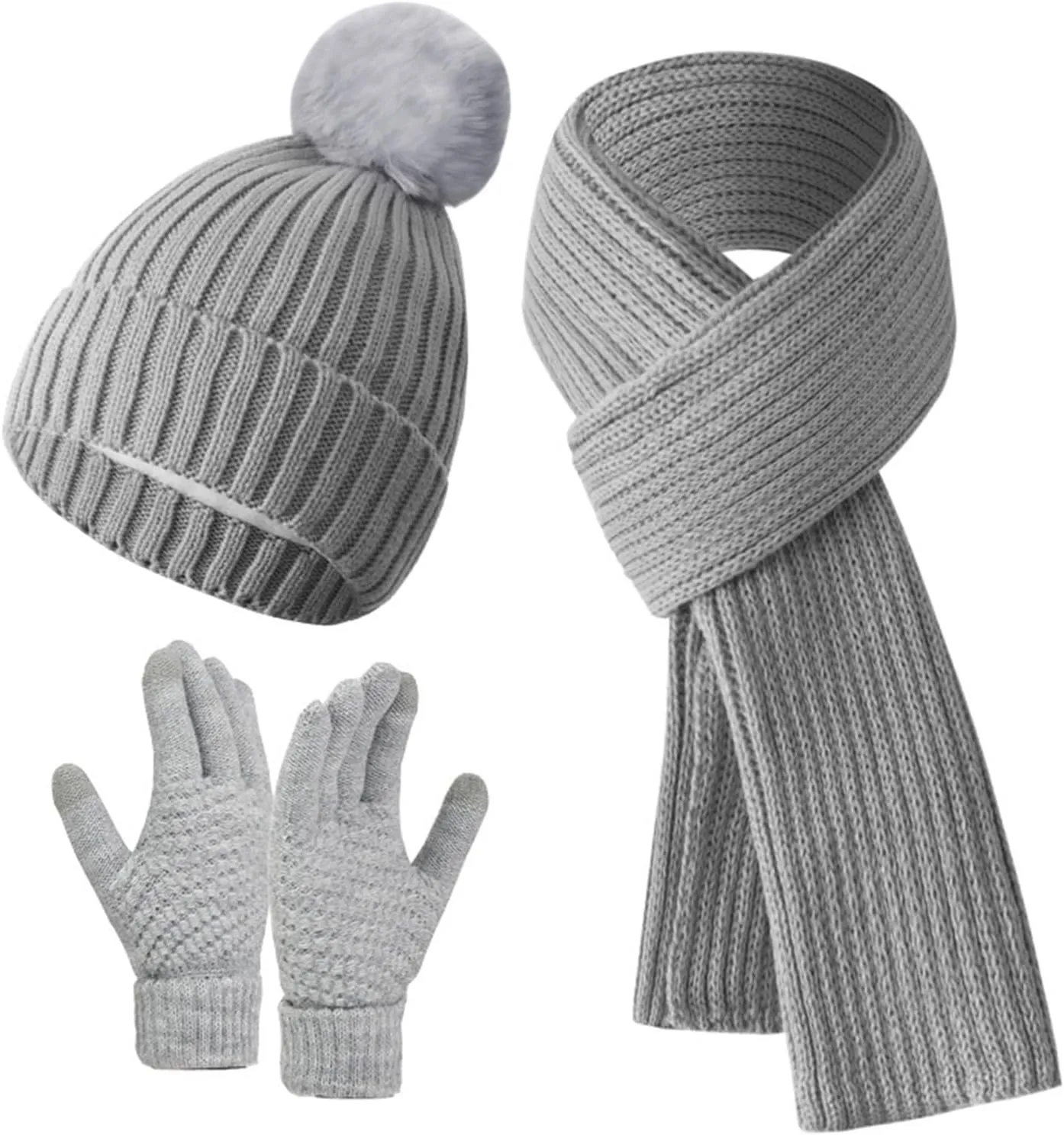 Winter Warm Gear Ski Outfits Knit Beanie Hat Touchscreen Gloves Long Neck Scarf Set Fleece Lined Hat Scarf Glove Sets