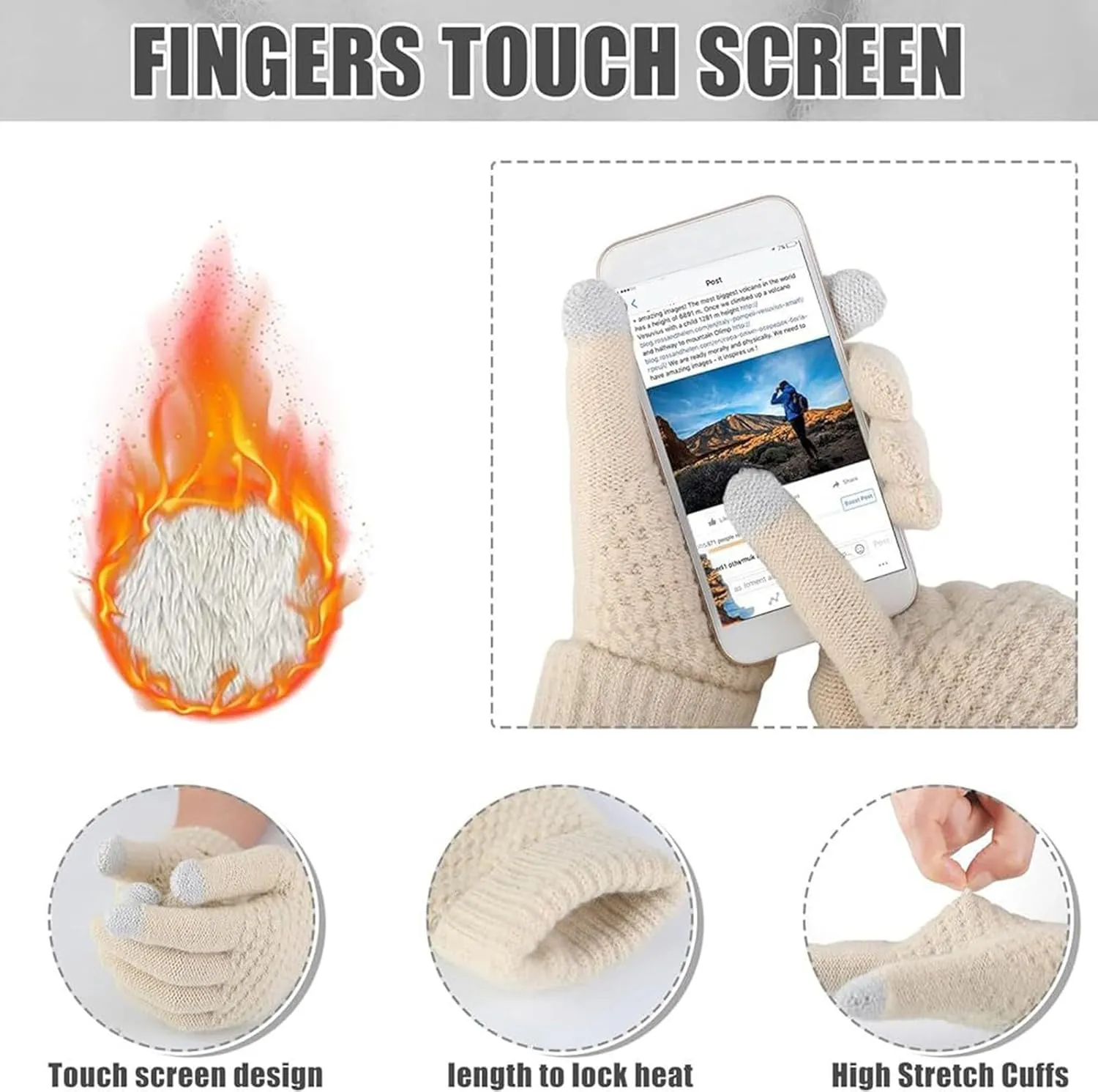 Winter Warm Gear Ski Outfits Knit Beanie Hat Touchscreen Gloves Long Neck Scarf Set Fleece Lined Hat Scarf Glove Sets