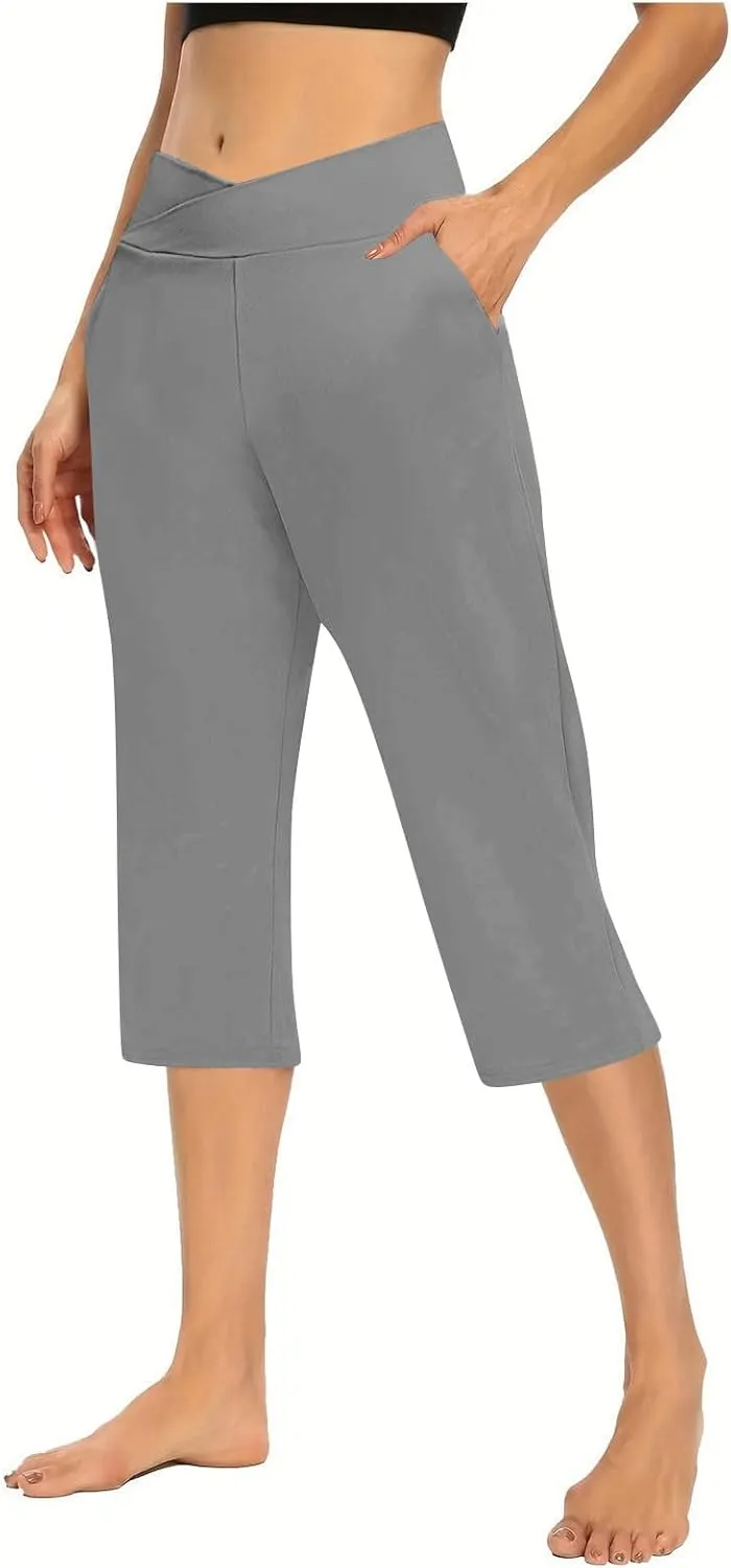 Women V Crossover High Waisted Yoga Capris Comfy Capri Sweatpants Loose Wide Leg Cropped Pants Workout Leggings