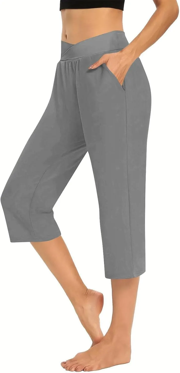 Women V Crossover High Waisted Yoga Capris Comfy Capri Sweatpants Loose Wide Leg Cropped Pants Workout Leggings