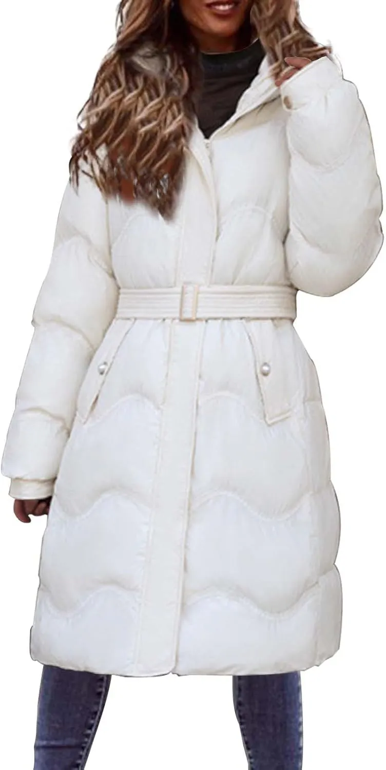 Women's Down Jacket Thickened Knee-Length Quilted Puffer Jackets Padded Warm Winter Coat Hoodies Outerwear Pockets