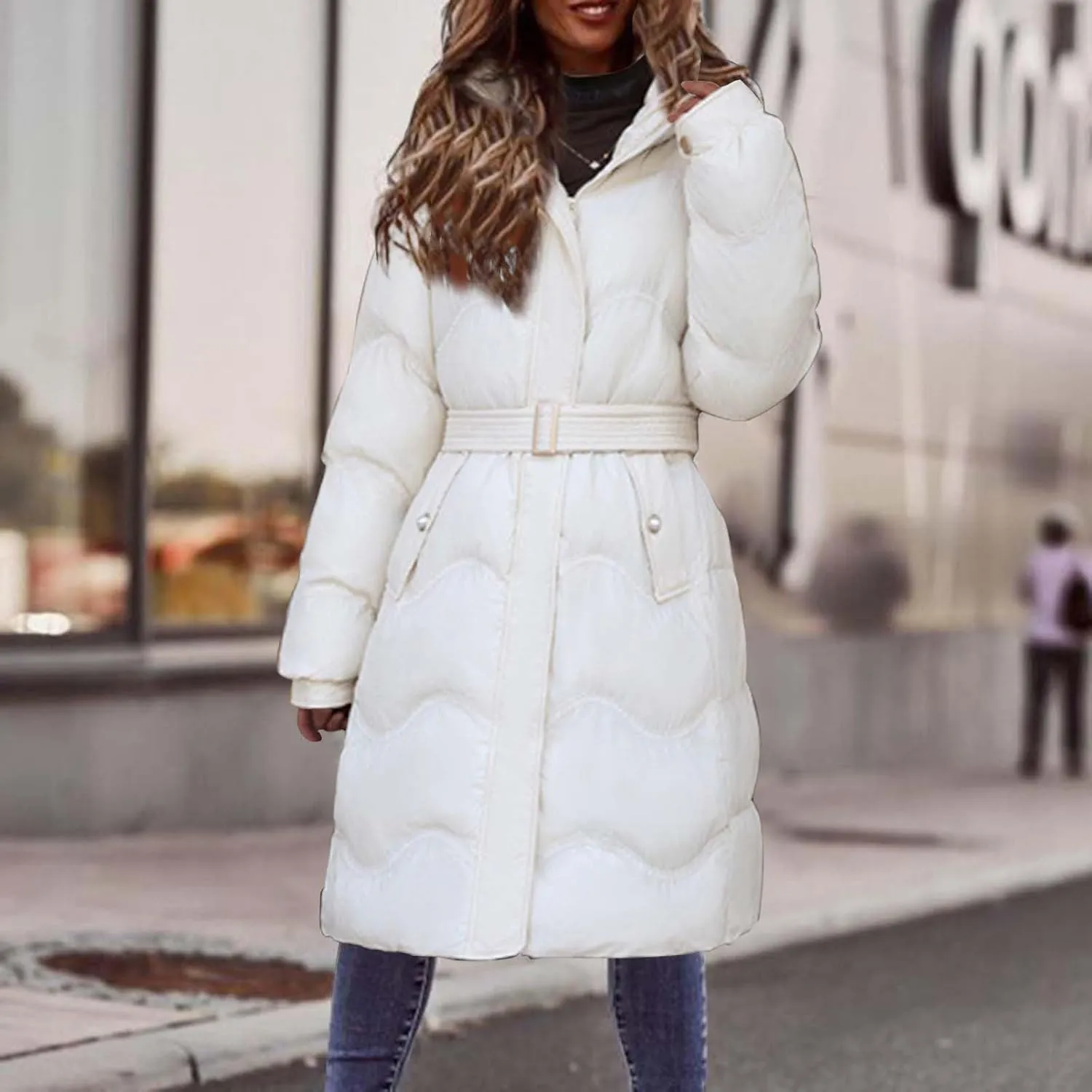 Women's Down Jacket Thickened Knee-Length Quilted Puffer Jackets Padded Warm Winter Coat Hoodies Outerwear Pockets