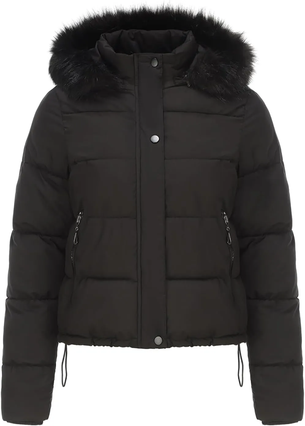 Women's Puffer Jacket Warm Zip Up Crop Down Jacket Thickened Quilted Parkas Faux Fur Removable Hood Outerwear Pockets