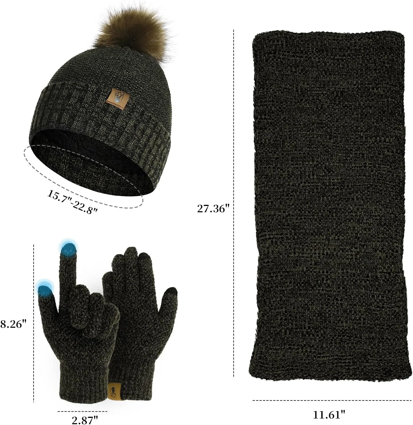 Womens Winter Hat Scarf Touchscreen Gloves 3 in 1, Thick Fleece Lined Beanie Hats Warm Knit Skull Caps Circle Scarves